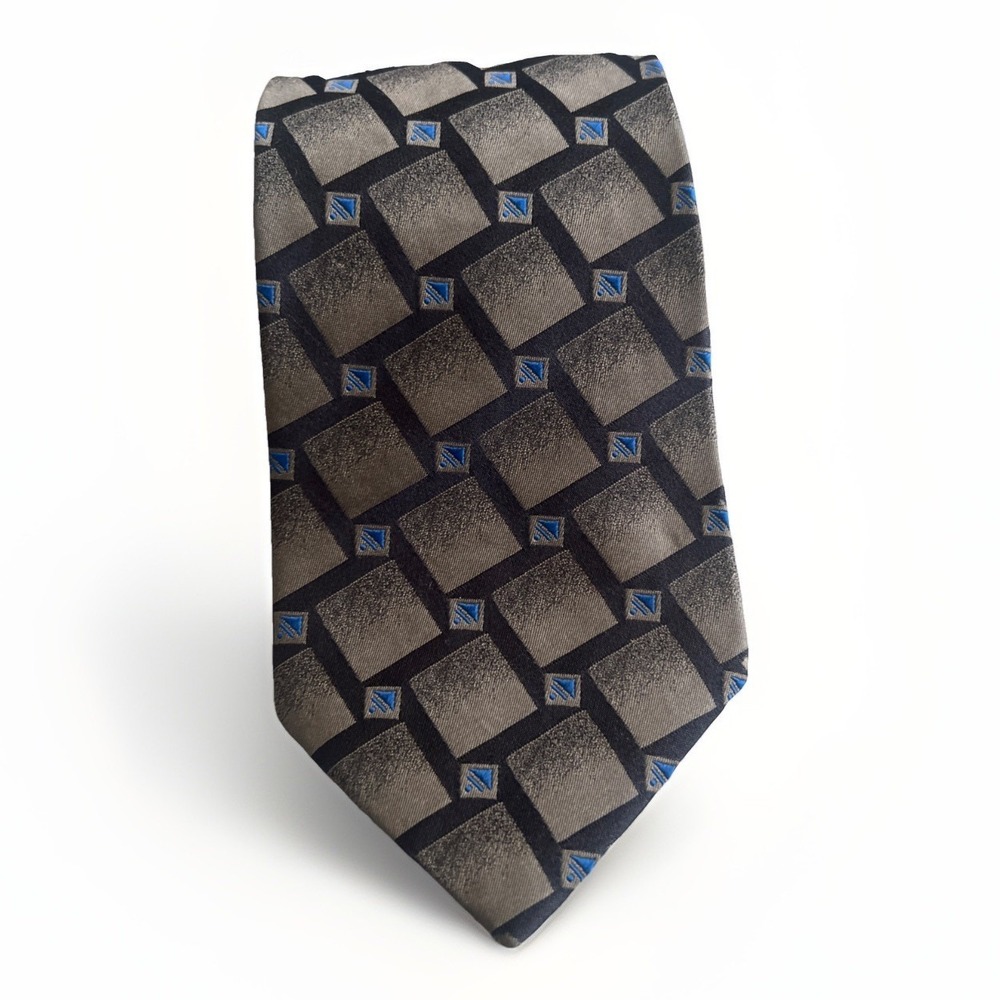 Villa Bugatti Tie Mens 100% Silk Career Geometric Squares Designer Gray Blue‎